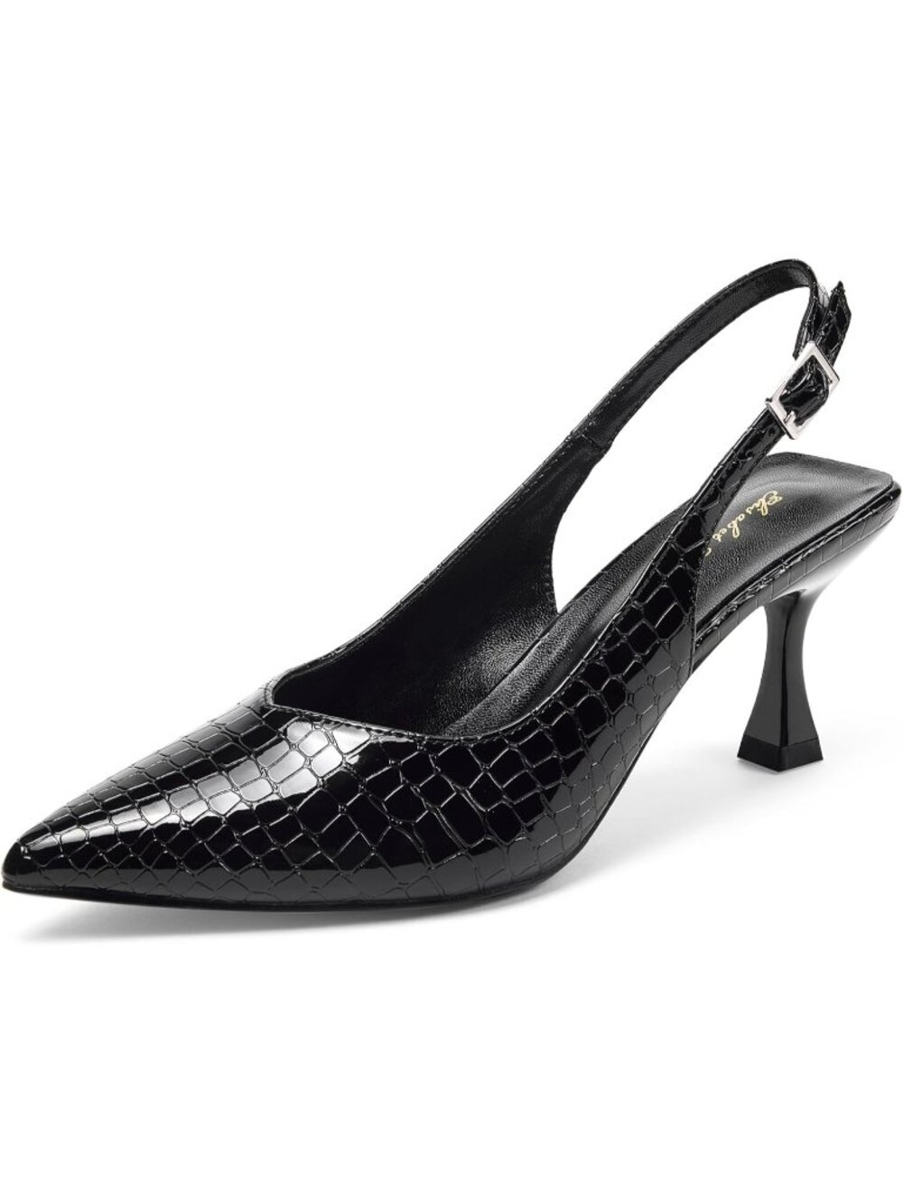 Women's Black Grain Chunky High Heel Slingback Low Pump Pointed Closed Toe Shoes